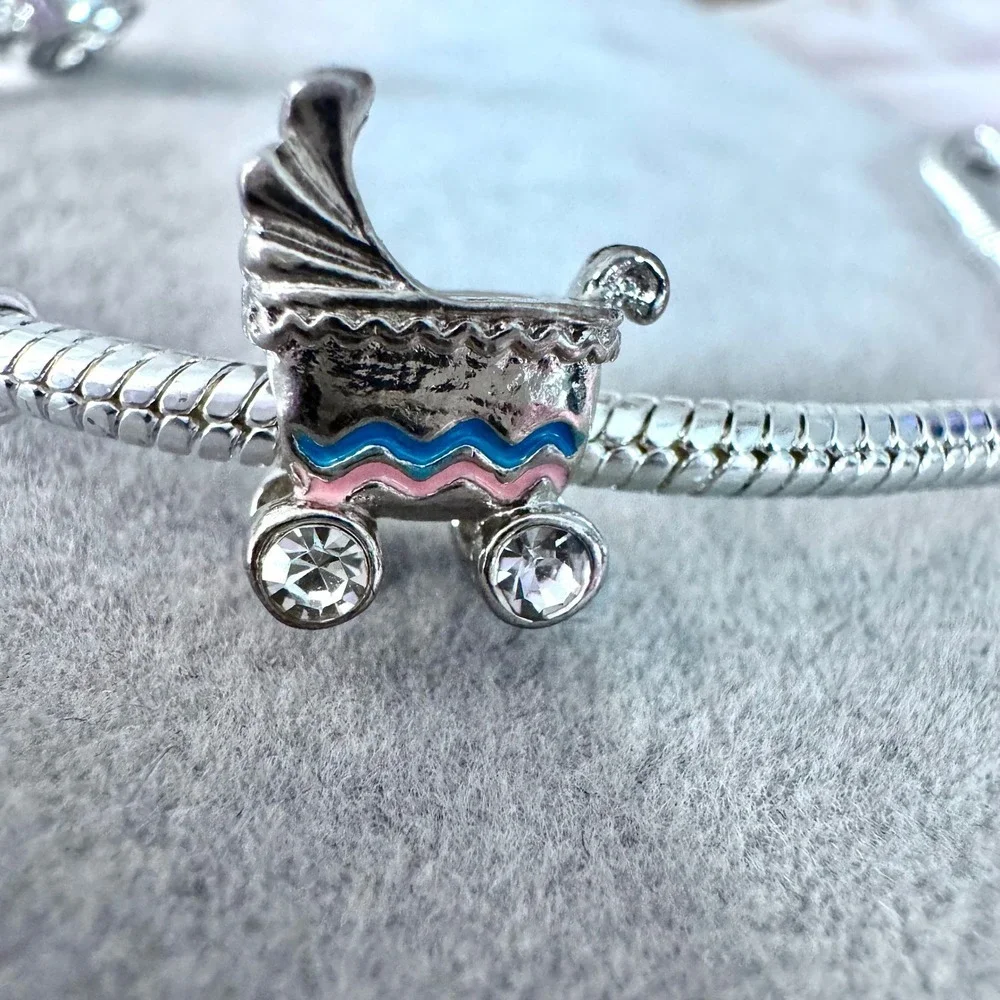 Baby Carriage Stroller Charm Silver Pink Blue fits PANDORA